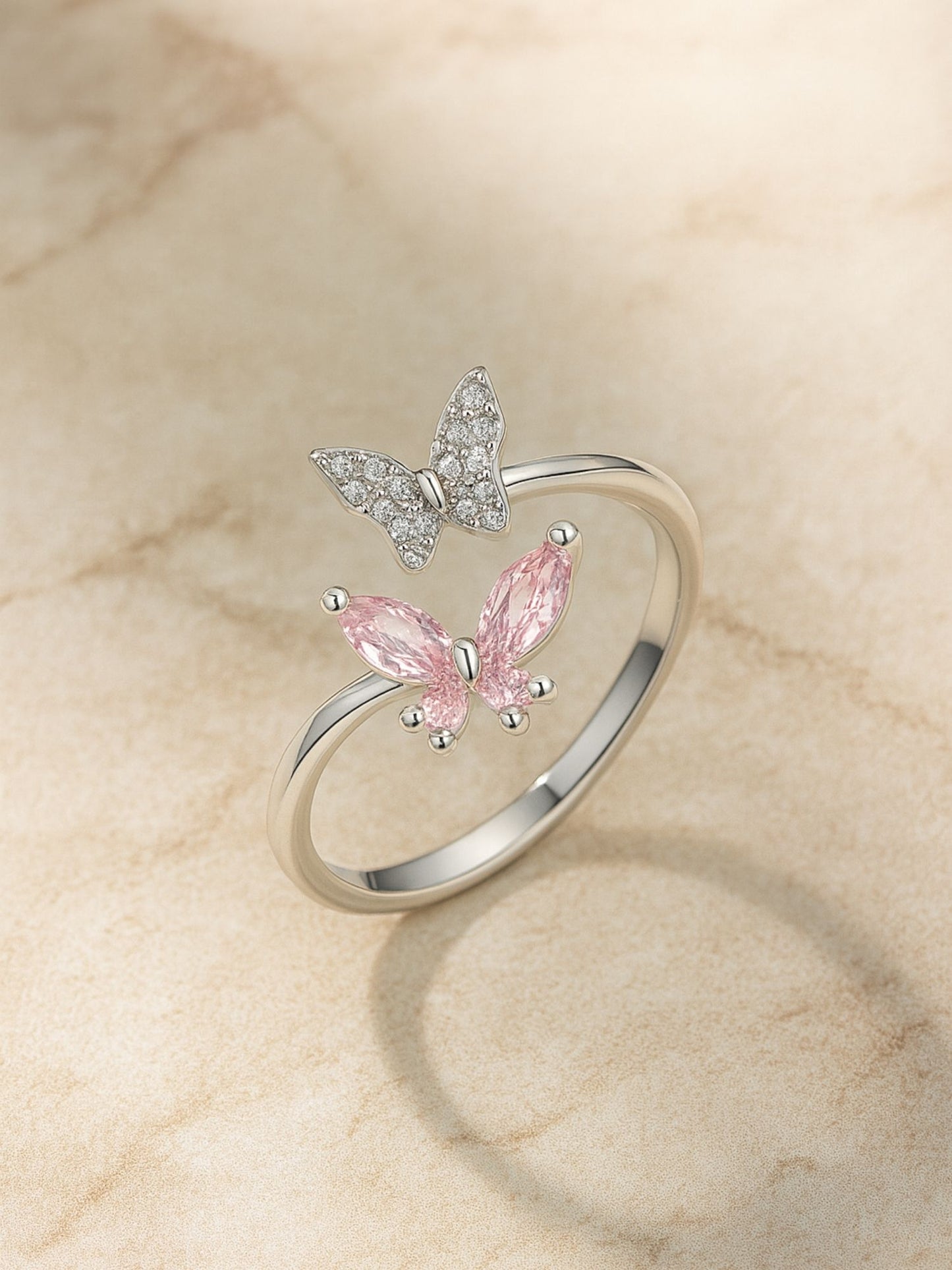 Silver-Plated Pink Butterfly Finger Ring