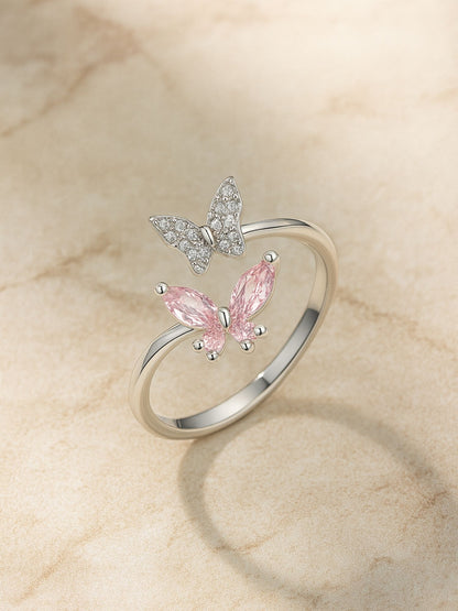 Silver-Plated Pink Butterfly Finger Ring