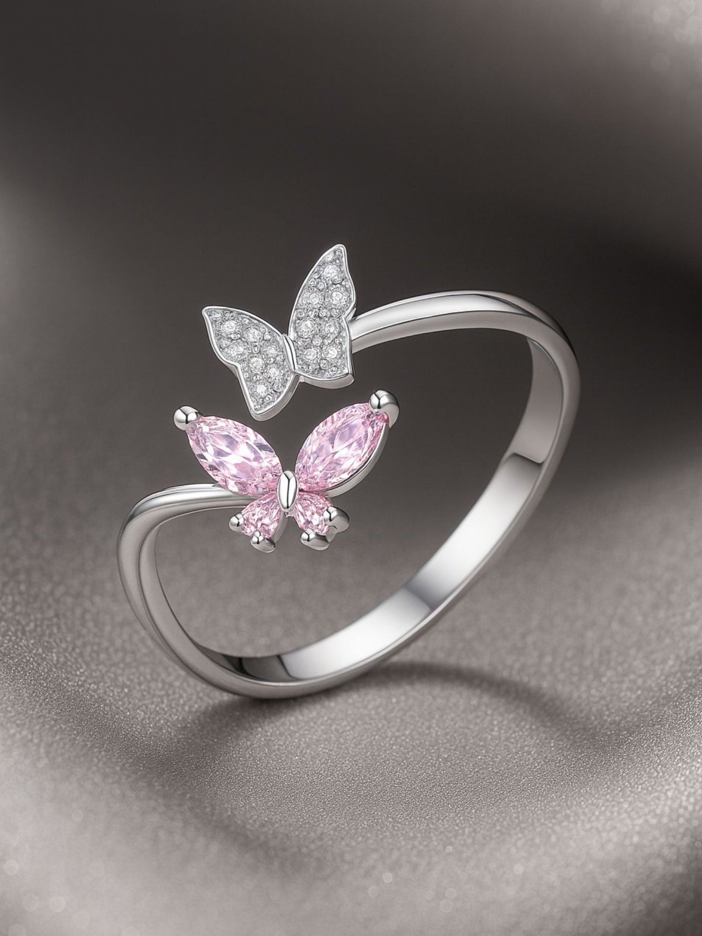 Silver-Plated Pink Butterfly Finger Ring