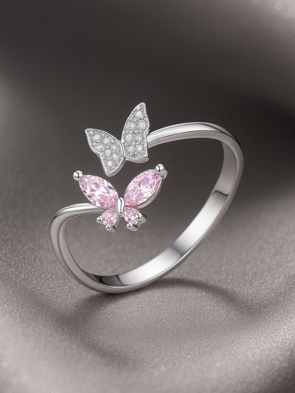 Silver-Plated Pink Butterfly Finger Ring