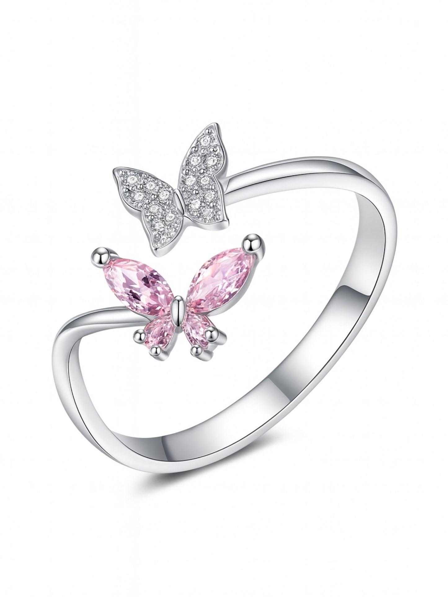 Silver-Plated Pink Butterfly Finger Ring