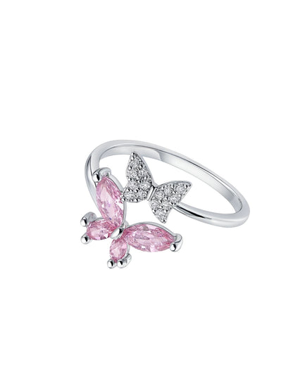 Silver-Plated Pink Butterfly Finger Ring