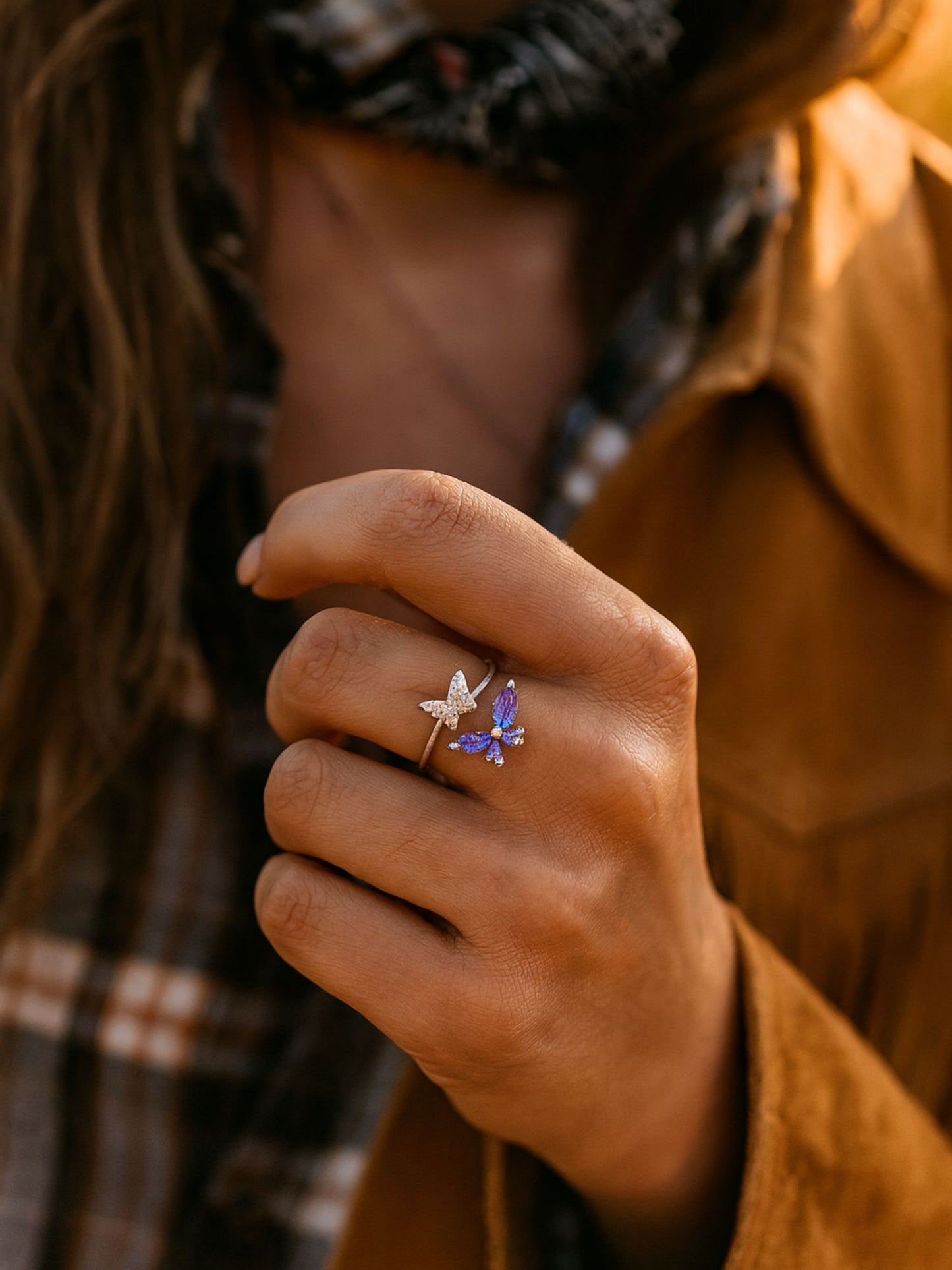 Silver-Plated Purple Butterfly Finger Ring