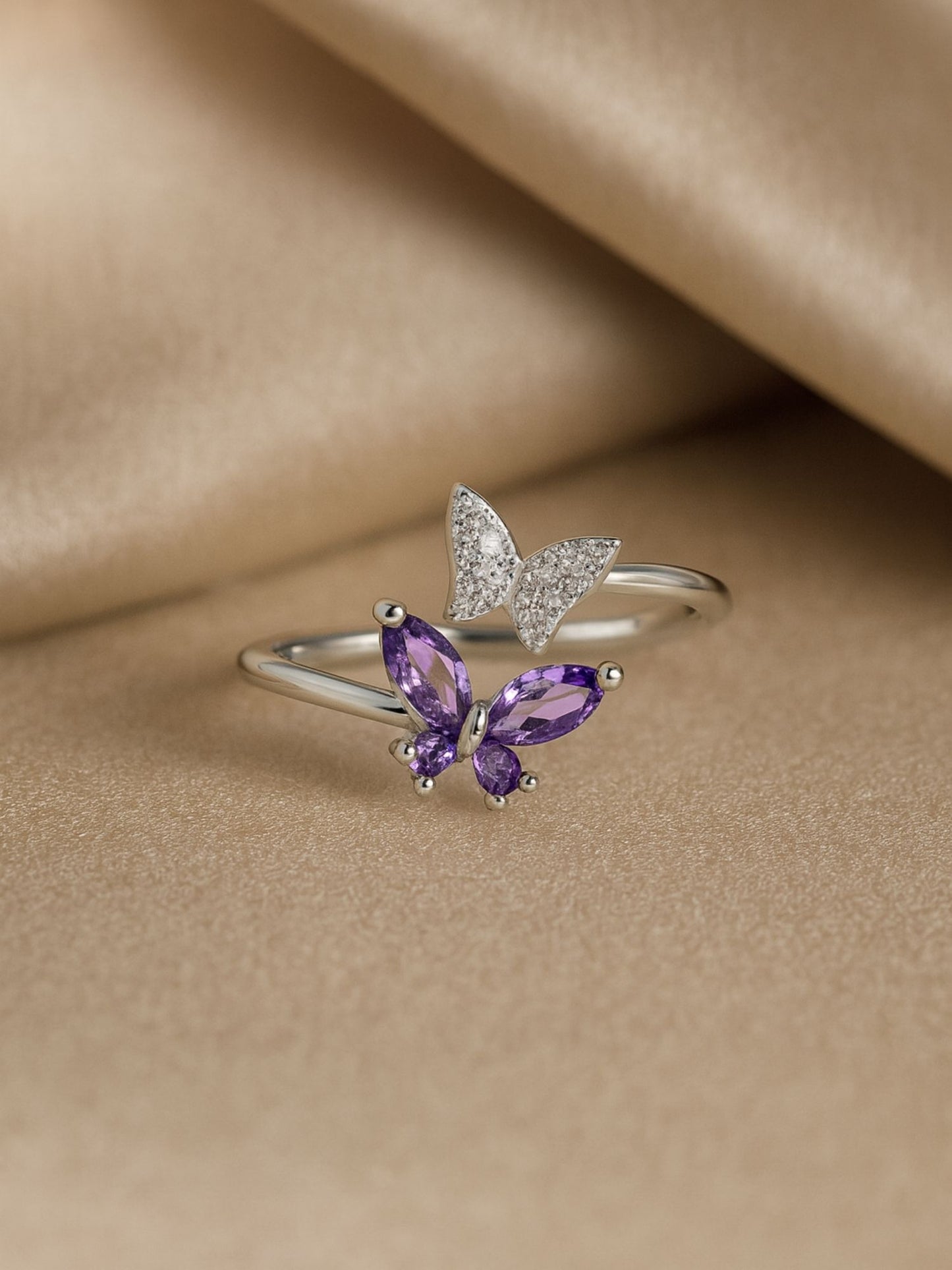 Silver-Plated Purple Butterfly Finger Ring