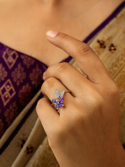 Silver-Plated Purple Butterfly Finger Ring