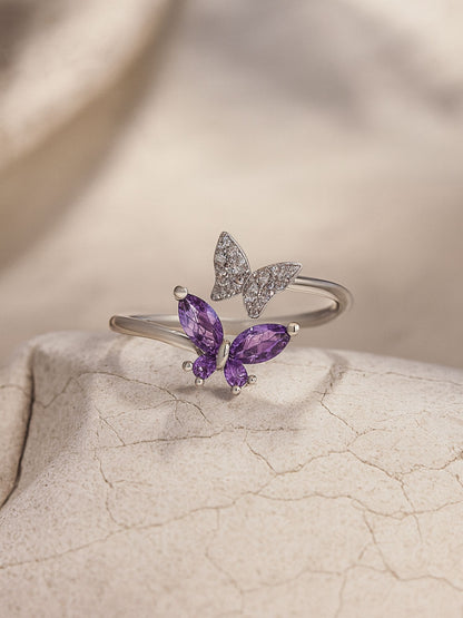 Silver-Plated Purple Butterfly Finger Ring