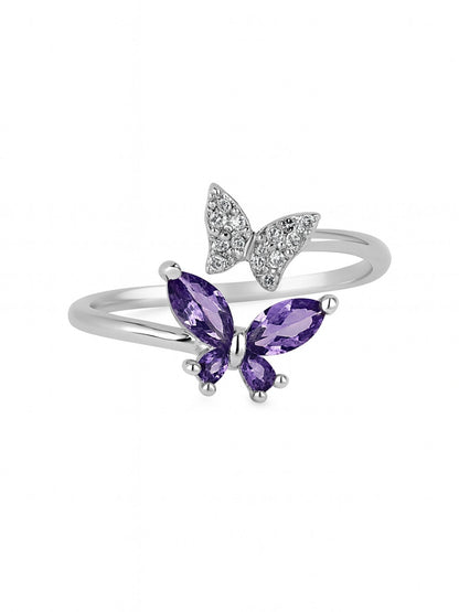 Silver-Plated Purple Butterfly Finger Ring