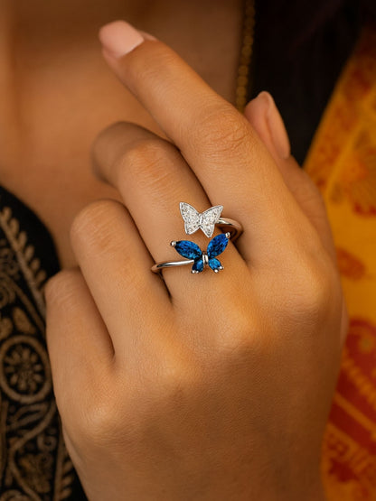 Silver-Plated Blue Butterfly Finger Ring