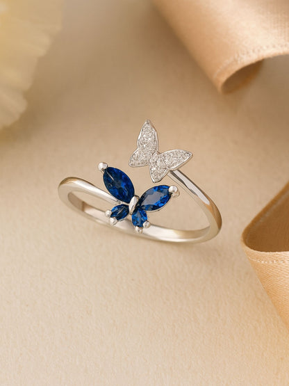 Silver-Plated Blue Butterfly Finger Ring