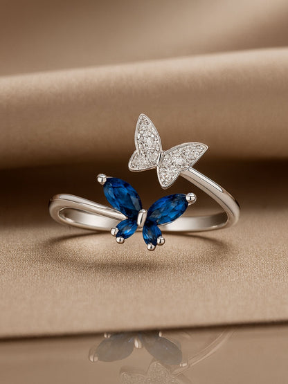 Silver-Plated Blue Butterfly Finger Ring