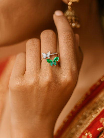 Silver-Plated Green Butterfly Finger Ring