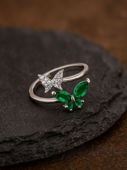 Silver-Plated Green Butterfly Finger Ring