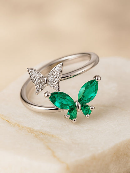 Silver-Plated Green Butterfly Finger Ring