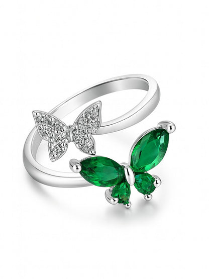 Silver-Plated Green Butterfly Finger Ring