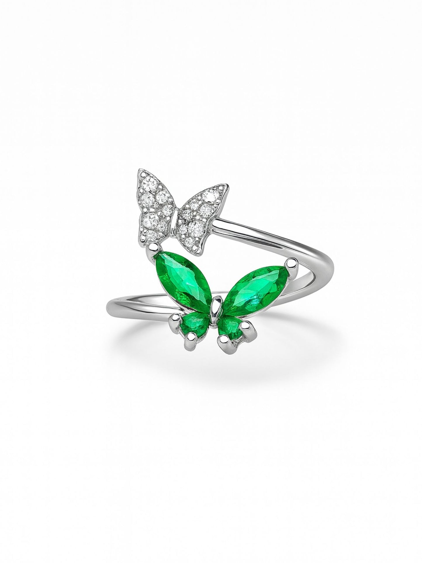 Silver-Plated Green Butterfly Finger Ring
