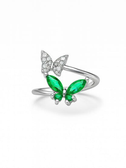 Silver-Plated Green Butterfly Finger Ring