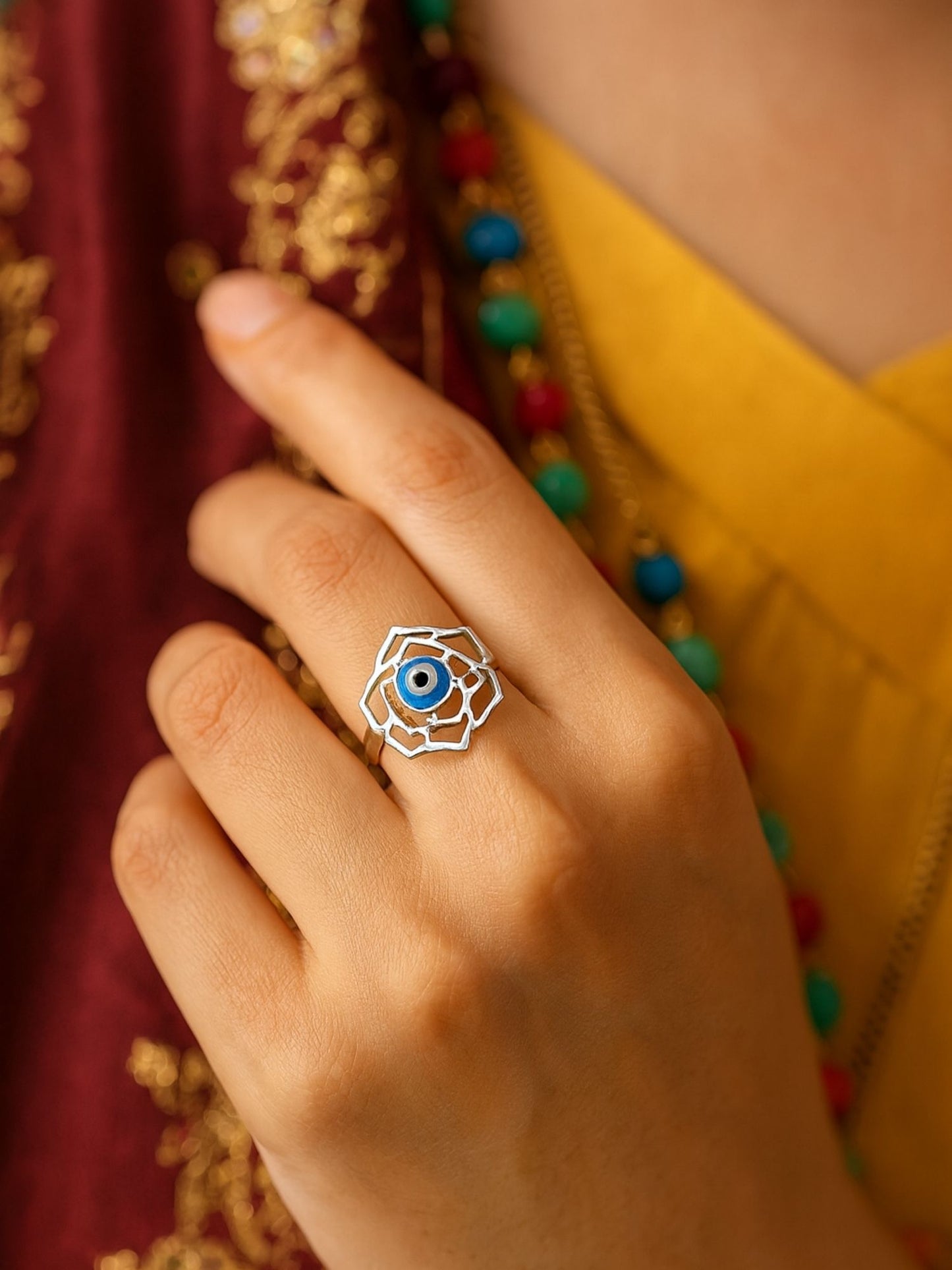 Silver-Plated Flower With Evil Eye Finger Ring