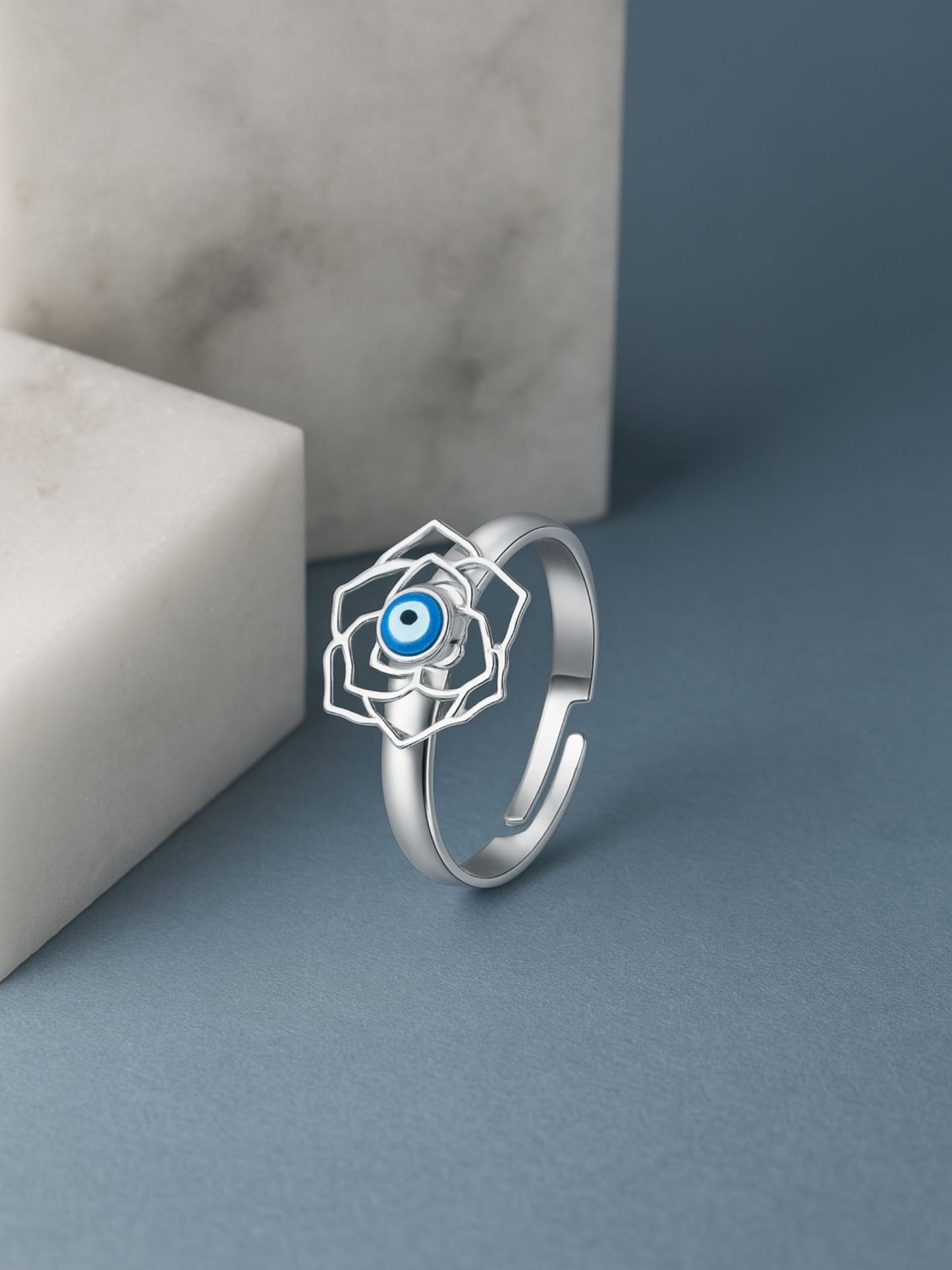 Silver-Plated Flower With Evil Eye Finger Ring