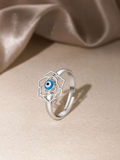 Silver-Plated Flower With Evil Eye Finger Ring