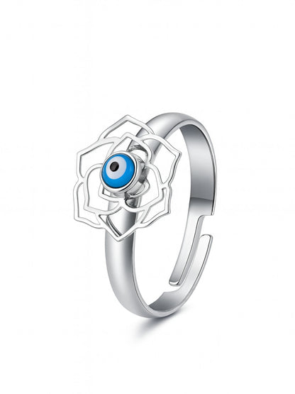 Silver-Plated Flower With Evil Eye Finger Ring