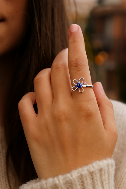 Silver-Plated Flower & Evil Eye Finger Ring