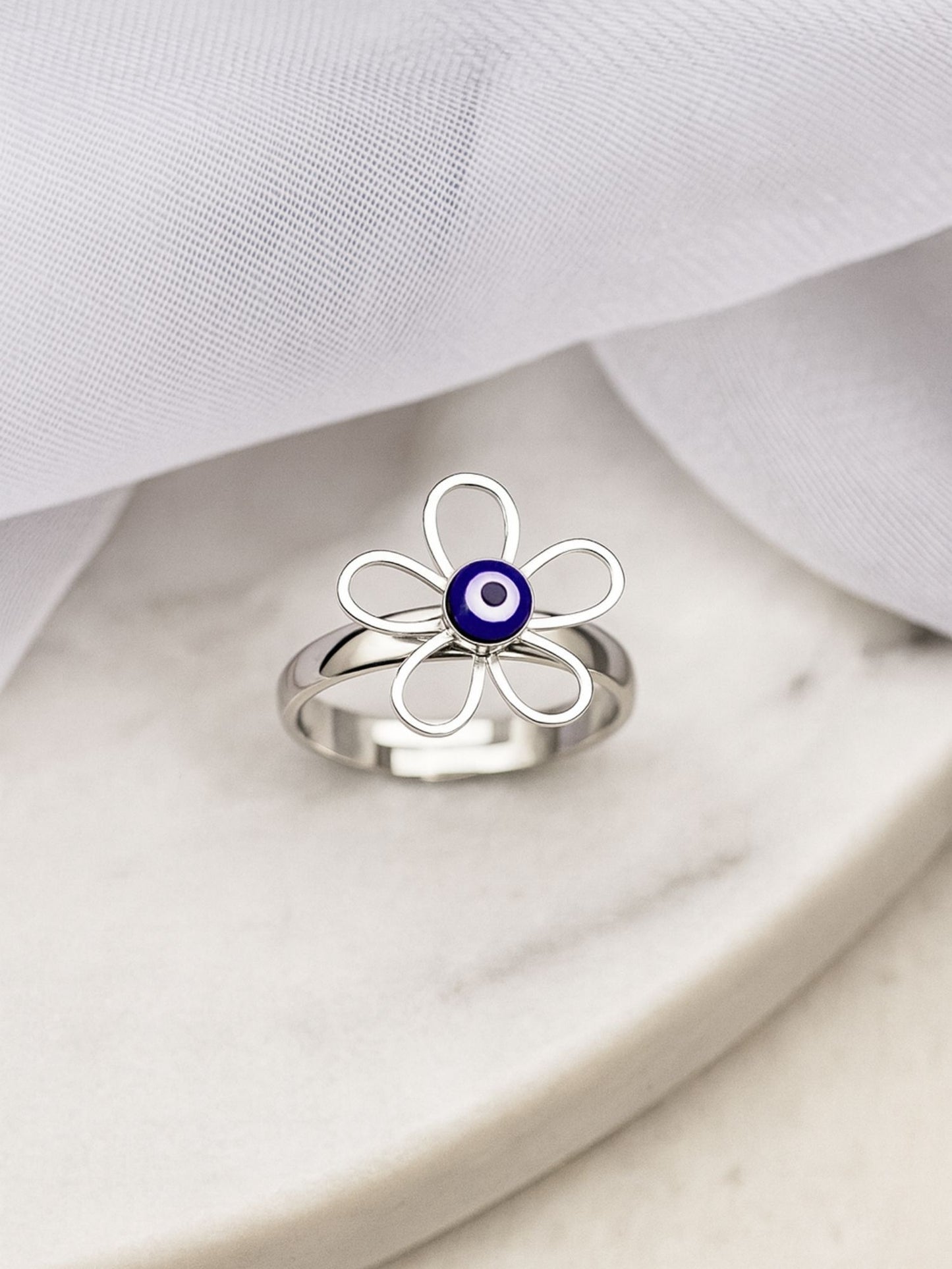 Silver-Plated Flower & Evil Eye Finger Ring