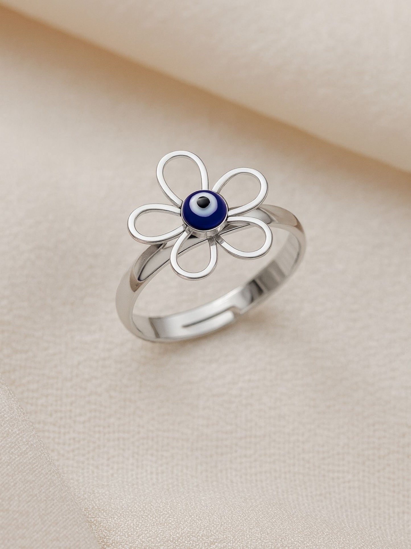 Silver-Plated Flower & Evil Eye Finger Ring