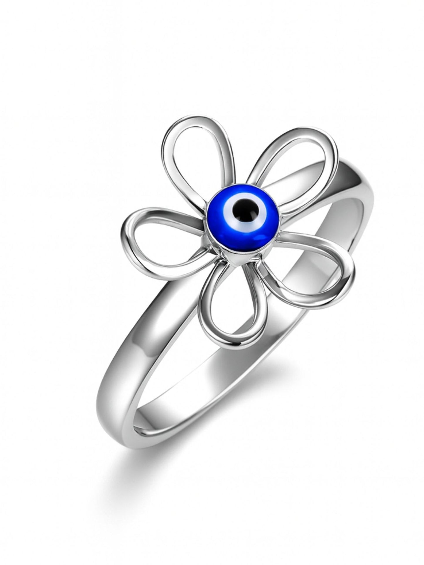 Silver-Plated Flower & Evil Eye Finger Ring