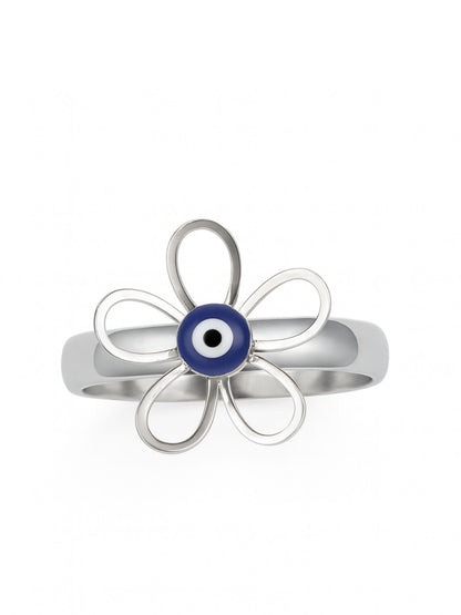 Silver-Plated Flower & Evil Eye Finger Ring