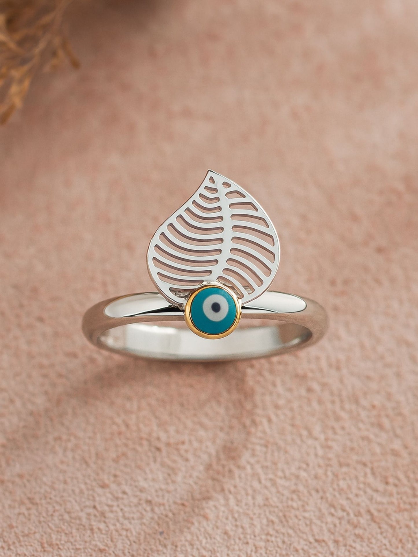 Silver-Plated Leaf With Evil Eye Finger Ring