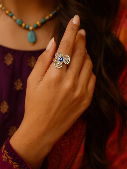 Silver-Plated Clover Flower With Evil Eye Finger Ring