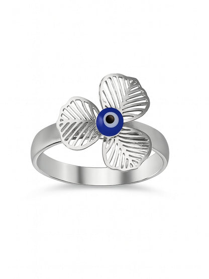 Silver-Plated Clover Flower With Evil Eye Finger Ring