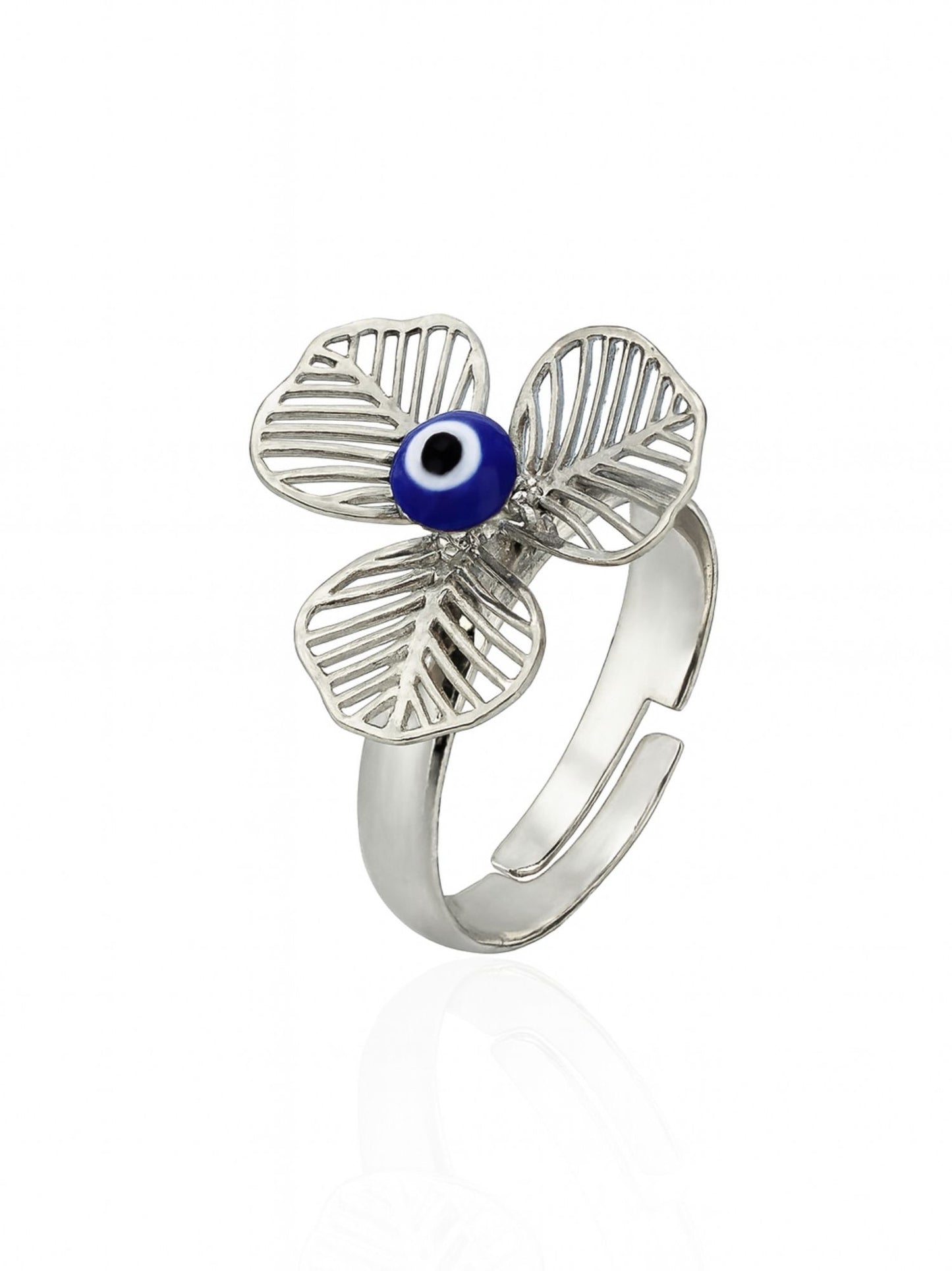 Silver-Plated Clover Flower With Evil Eye Finger Ring