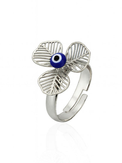 Silver-Plated Clover Flower With Evil Eye Finger Ring
