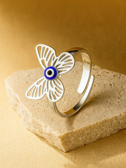Silver-Plated Butterfly With Blue Evil Eye Finger Ring