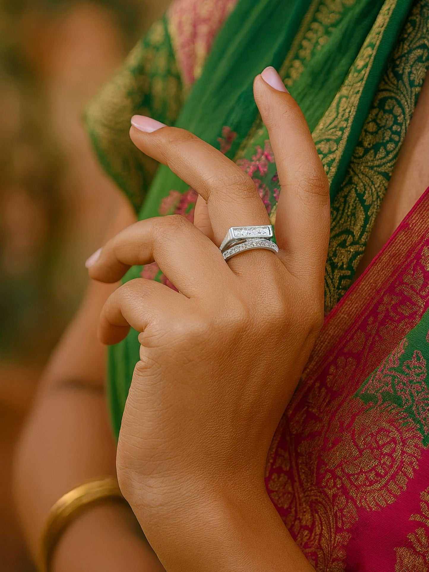 Silver-Plated American Diamod Princess Cut Finger Ring