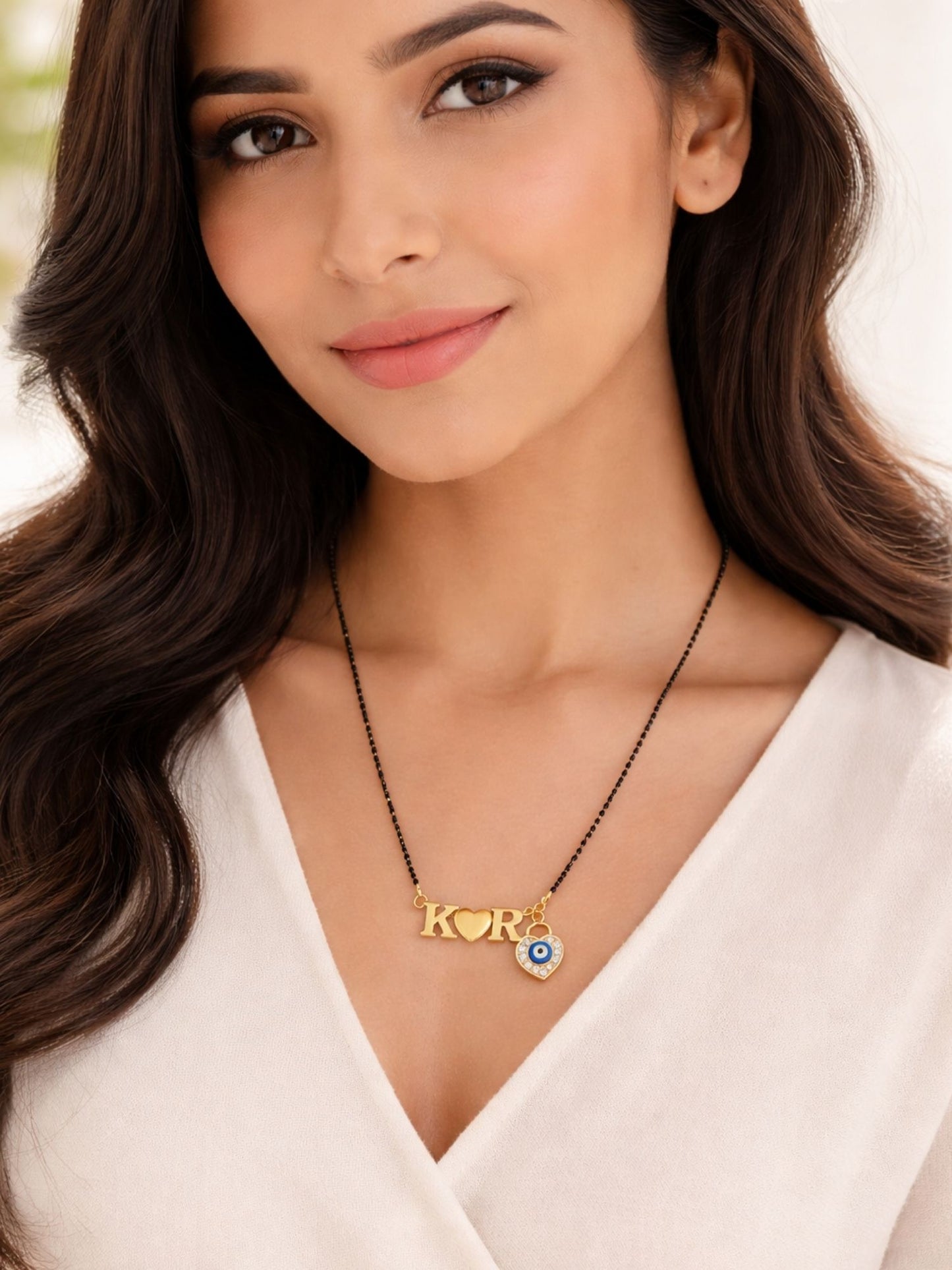 Custom 2 Initial Letter Short Mangalsutra Necklace With Heart & Blue American Diamond Evil Eye