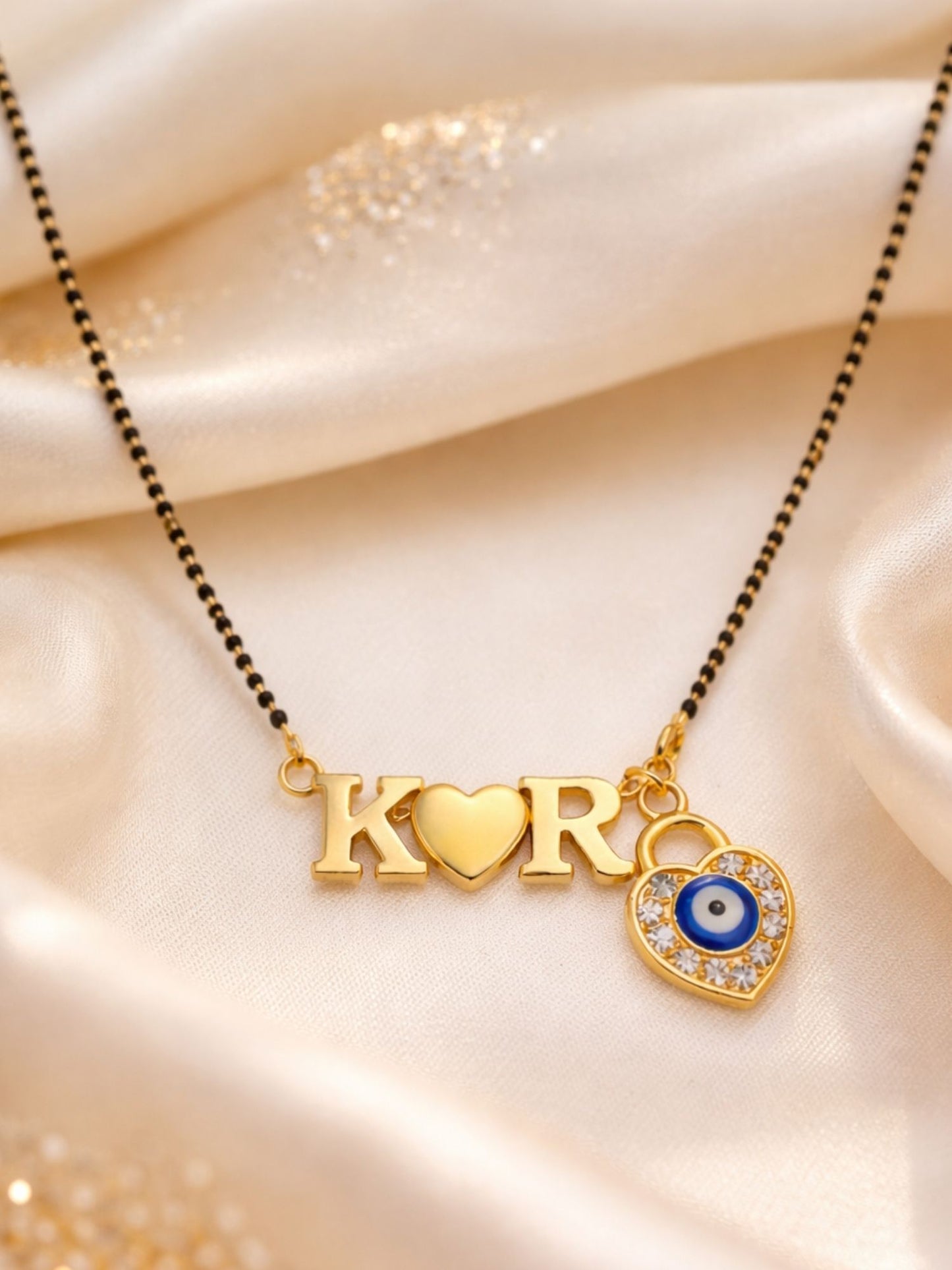 Custom 2 Initial Letter Short Mangalsutra Necklace With Heart & Blue American Diamond Evil Eye