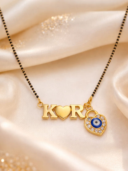 Custom 2 Initial Letter Short Mangalsutra Necklace With Heart & Blue American Diamond Evil Eye