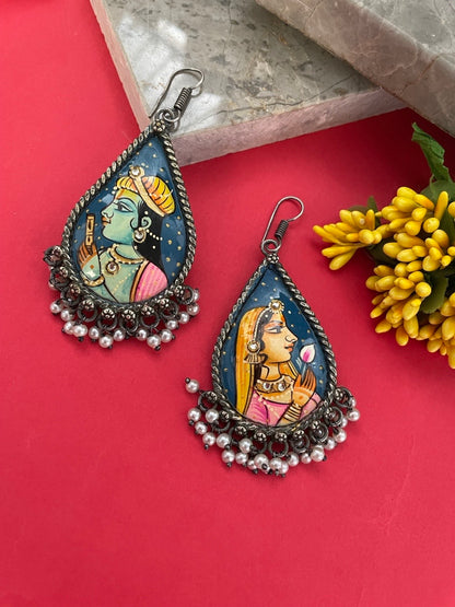 Hand-Painted Silver Plated Radha Krishna Earrings with Pearls