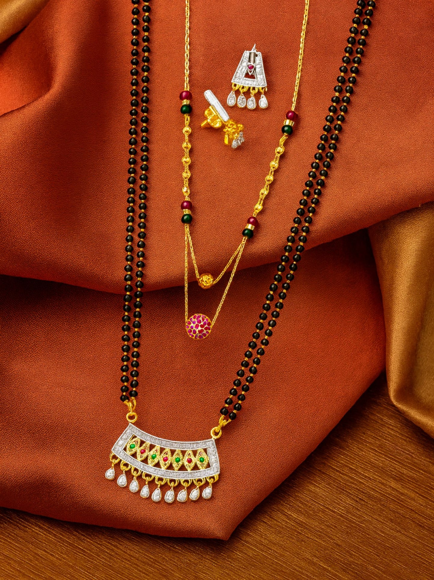 Set of 2 AD Stone Long & Short Mangalsutra Set with Earrings