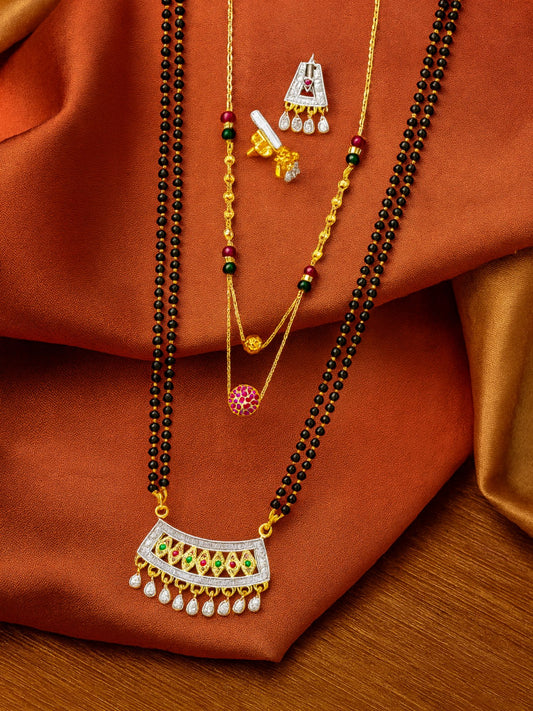 Set of 2 AD Stone Long & Short Mangalsutra Set with Earrings