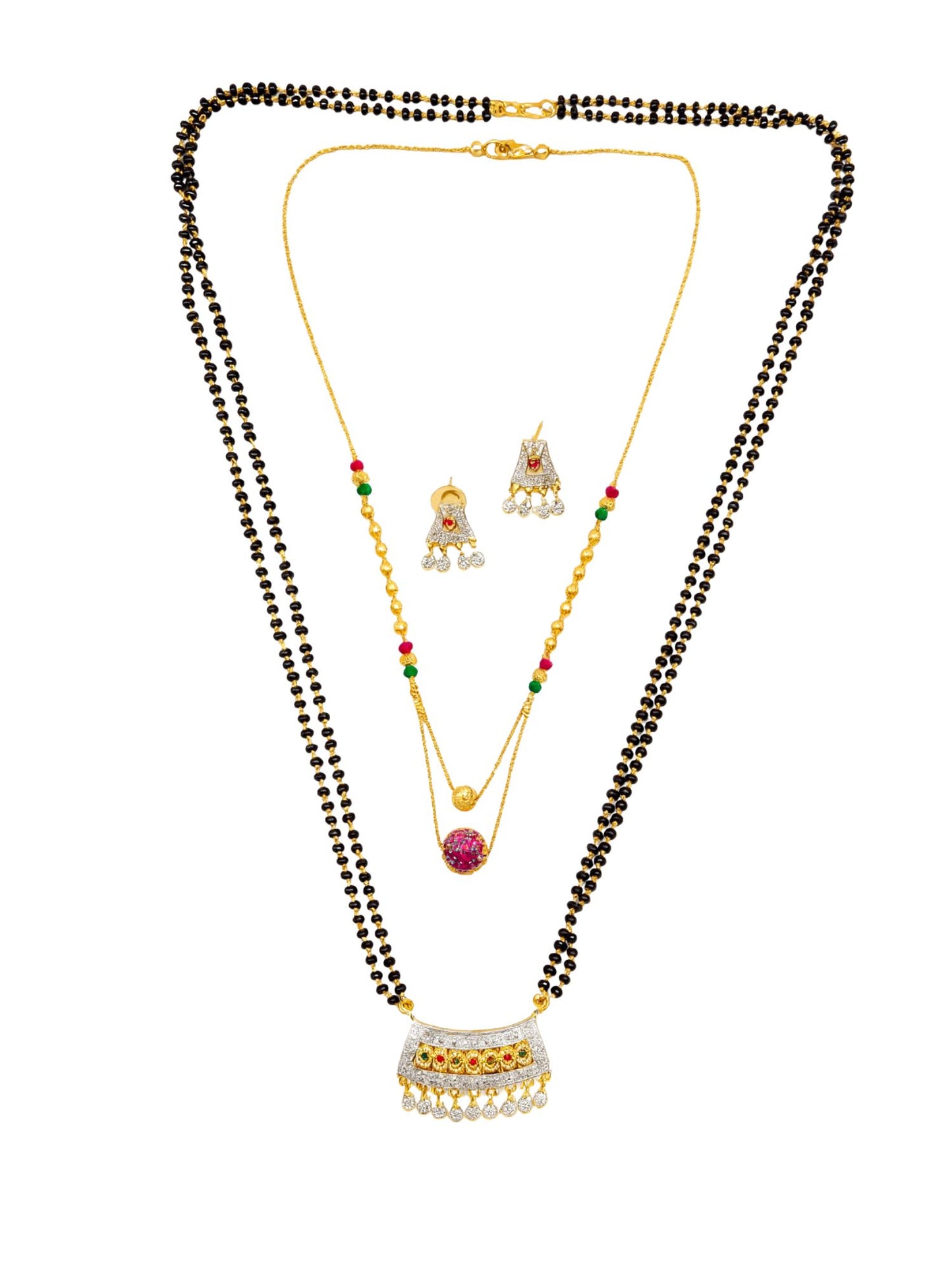 Set of 2 AD Stone Long & Short Mangalsutra Set with Earrings