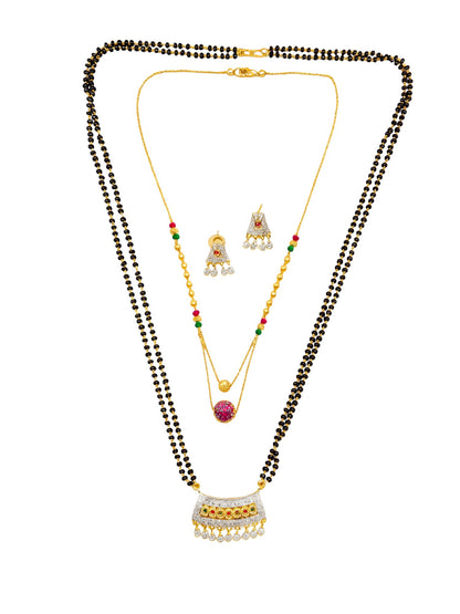 Set of 2 AD Stone Long & Short Mangalsutra Set with Earrings