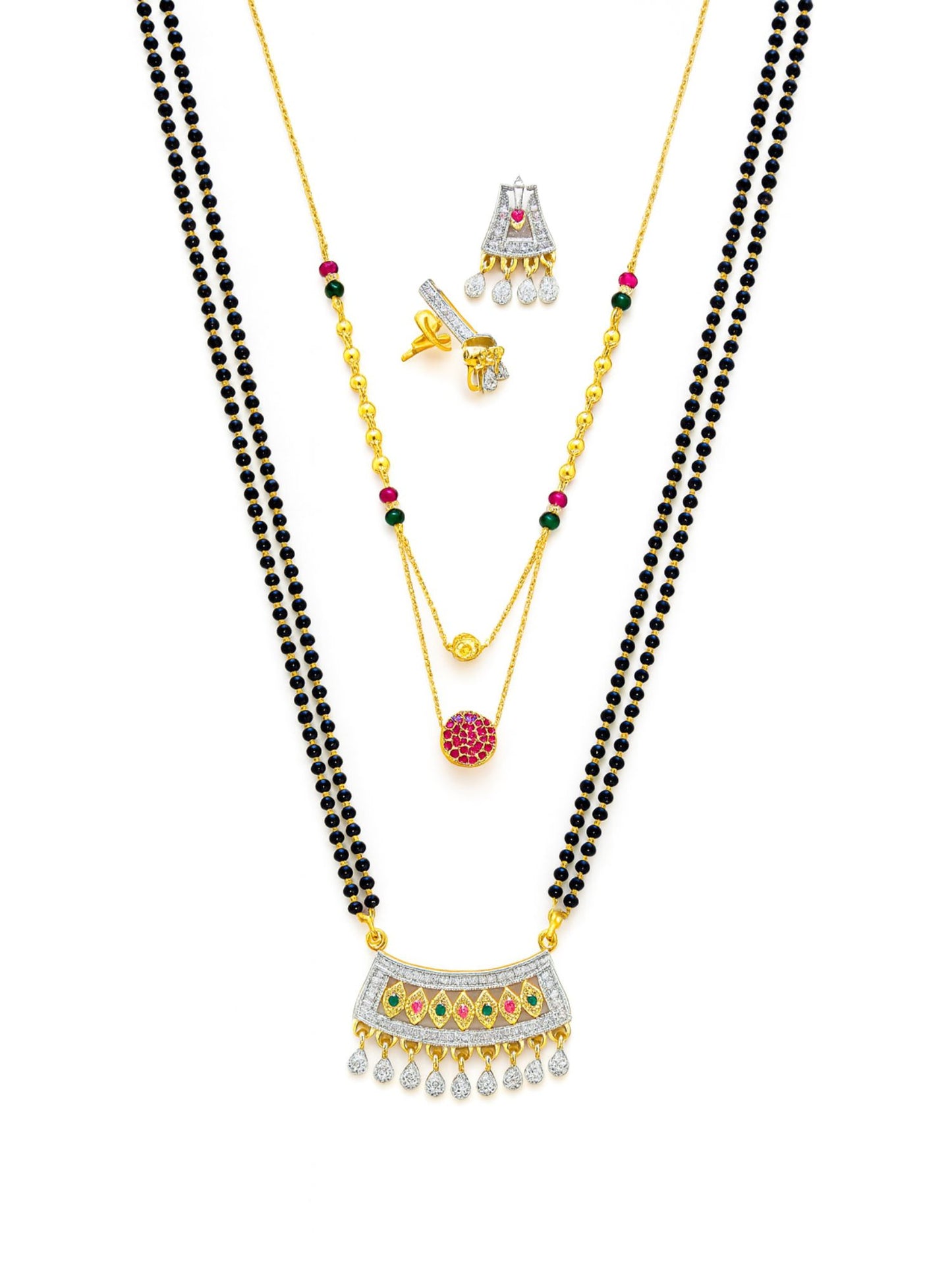 Set of 2 AD Stone Long & Short Mangalsutra Set with Earrings