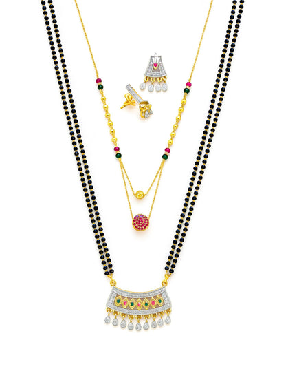 Set of 2 AD Stone Long & Short Mangalsutra Set with Earrings