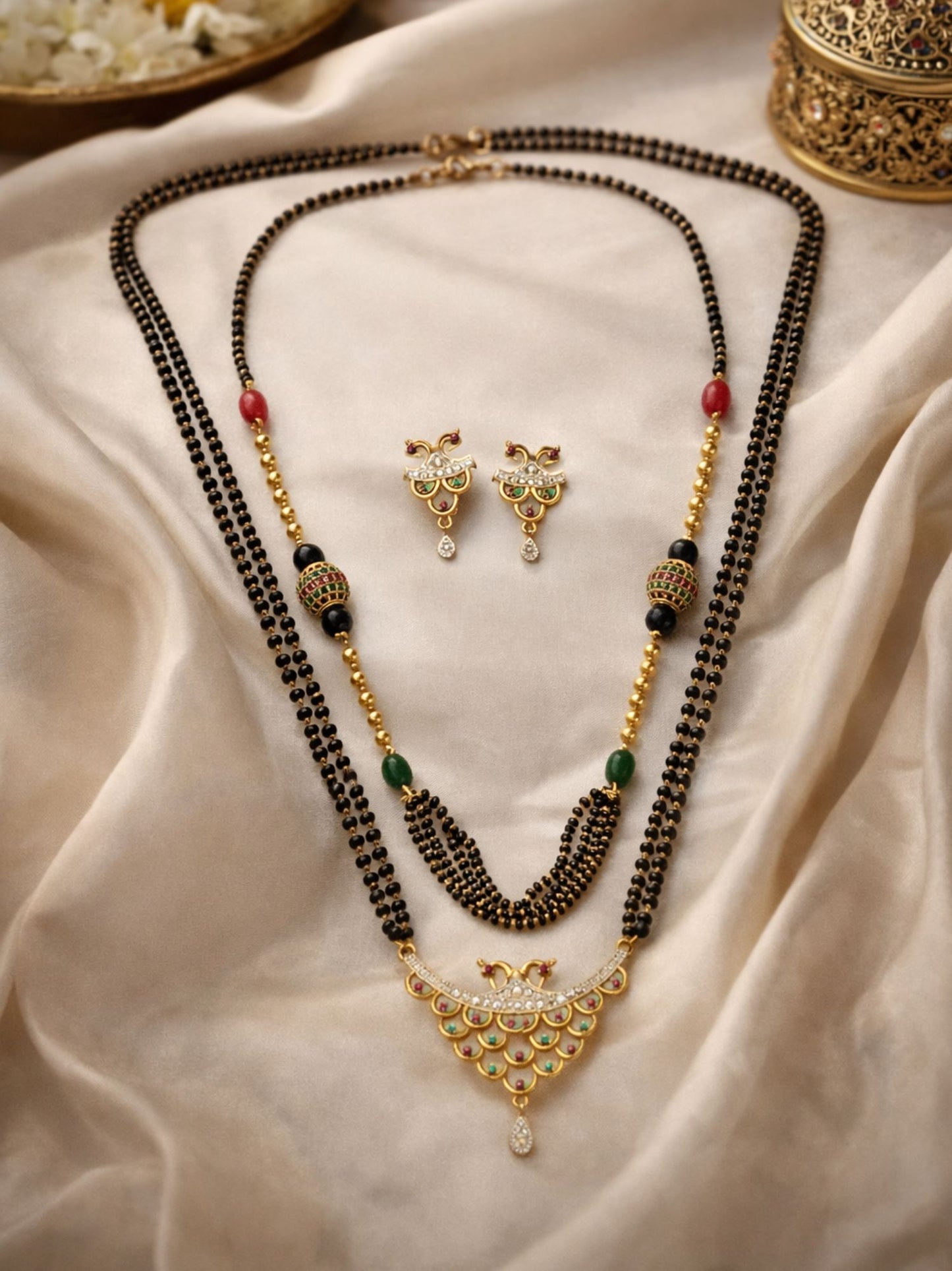 Set of 2 Gold Plated Long & Short Mangalsutra with Earrings