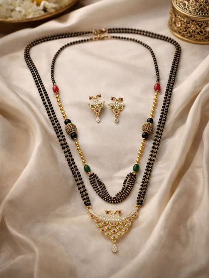 Set of 2 Gold Plated Long & Short Mangalsutra with Earrings