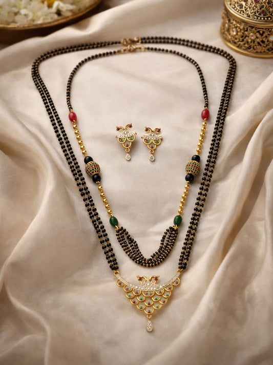 Set of 2 Gold Plated Long & Short Mangalsutra with Earrings