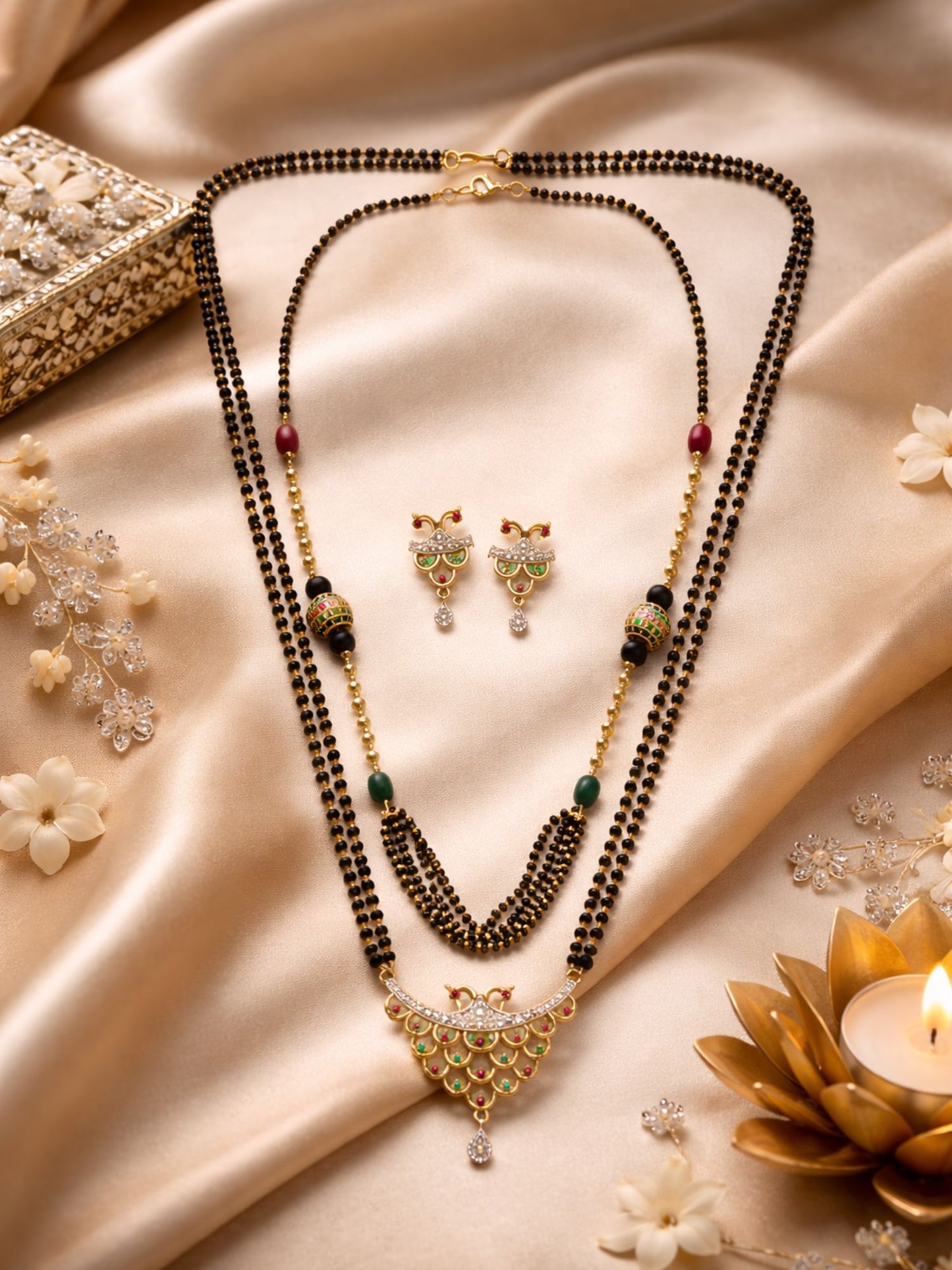 Set of 2 Gold Plated Long & Short Mangalsutra with Earrings